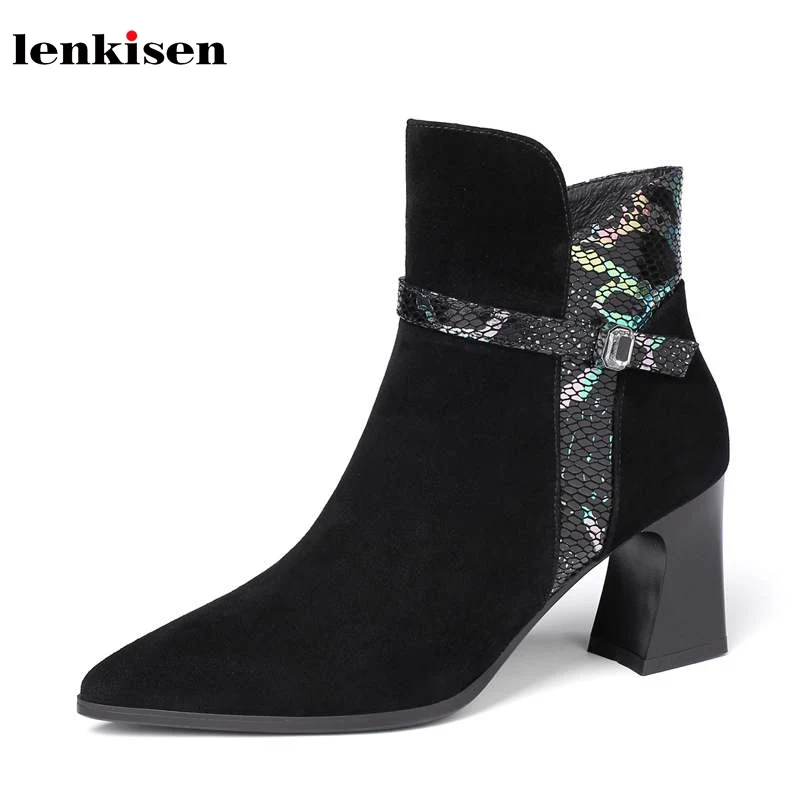 

Lenkisen sell well genuine leather snake mixed colors pointed toe high heelsr buckle straps winter warm women ankle boots L1f9