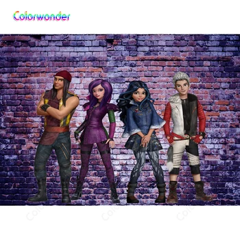 

Vintage Purple and Red Brick Walls Background Cartoon Teenages Two Girls with Boys Photography Backdrops for Photo Booth Studio