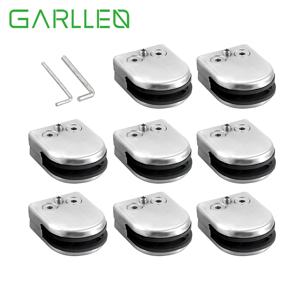 

GARLLEN 8pcs 304 Stainless Steel Silver Brushed Finish Arc Bottom Glass Clamps for 9mm-10mm Thickness Glass Curved Plane Surface