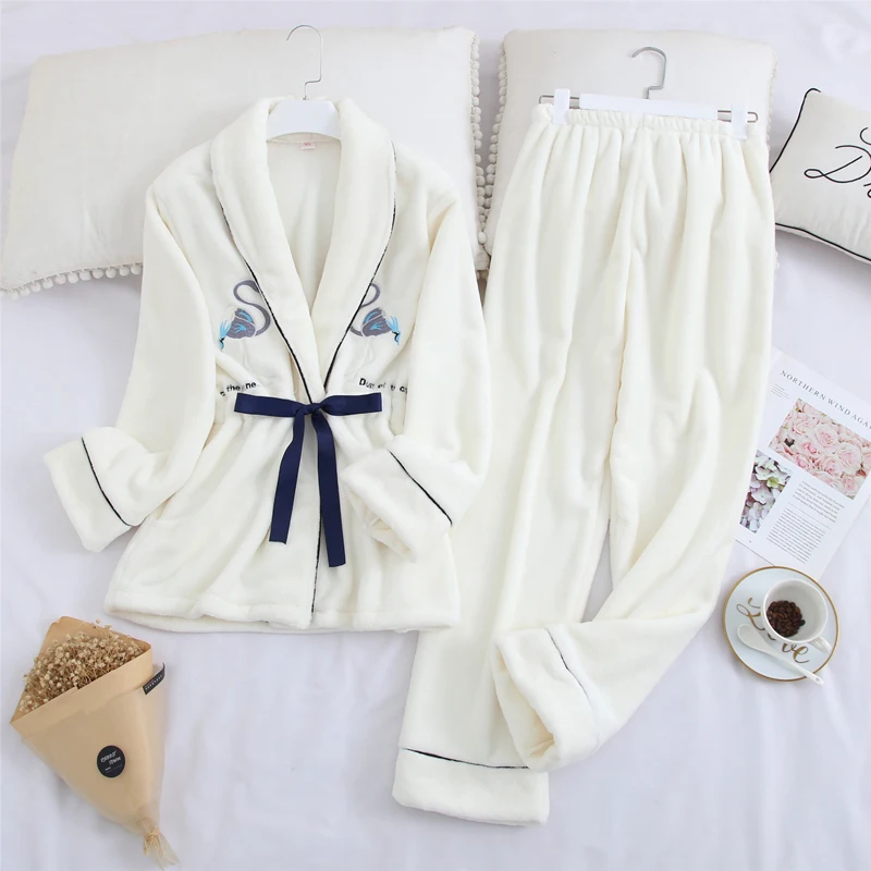 white set Fiklyc нижнее белье фланелевая женская пижама из двух предметов, пижама для женщин с поясом, сексуальная зимняя теплая Пижама для девочек, Лидер продаж - Цвет: white set
