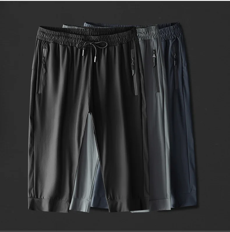 Men Running Cropped Pants Ice silk Summer Ice silk Quick Dry Training Fitness Zip Pocket Joggings Pant Male Gym 3/4 Sweatpants 6
