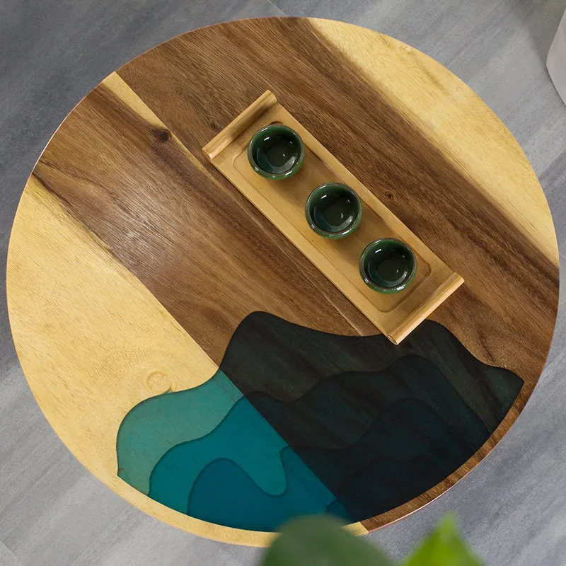 Simple round solid wood coffee table living room iron small table retro sofa side table small coffee table easy assembly table