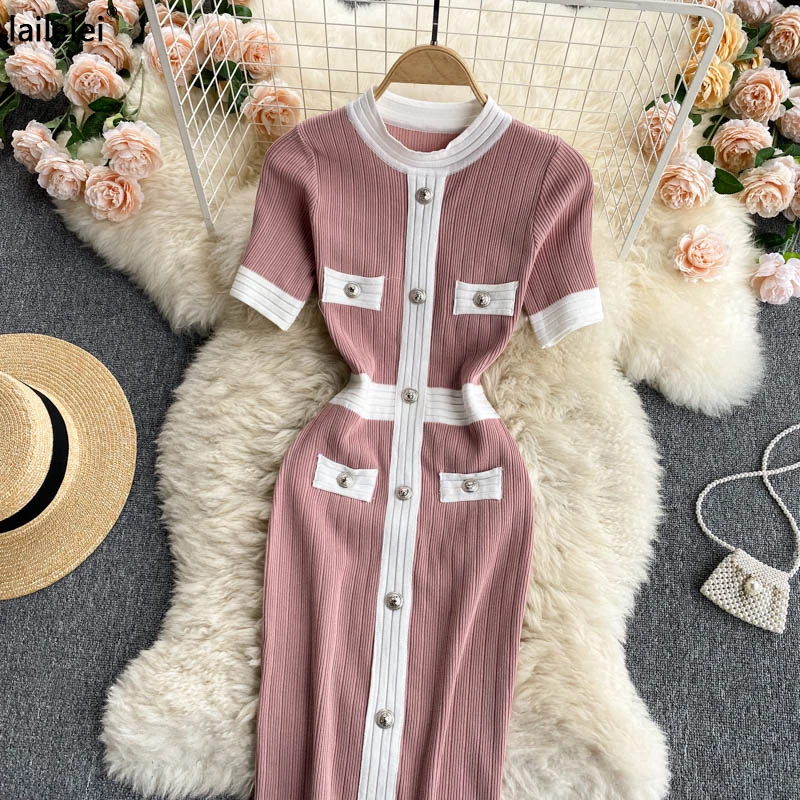 

Button Knitted Dress Bodycon Mini Sexy Vestidos De Verano Black Women Elegant Cortos Club Vintage Short Sleeve Pink Korean Robe