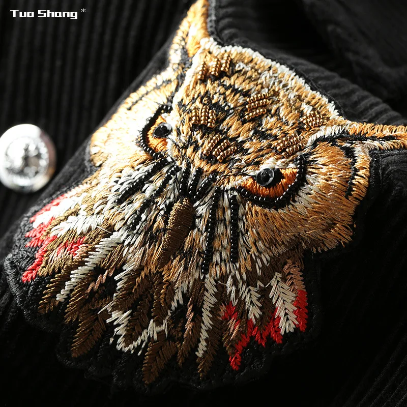 2019 модная мужская куртка с вышивкой совы черная уличная отложным воротником