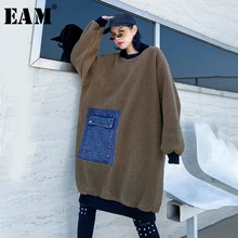 [EAM] женское джинсовое платье из овечьей шерсти с разрезом, большие размеры, новинка, круглый вырез, длинный рукав, свободный крой, мода, весна-осень, 1M506