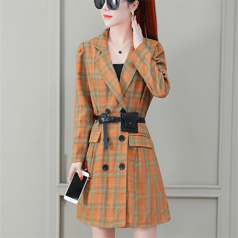 Long Section Plaid Windbreaker Female Spring And Autumn Fashion New Temperament Slim Windbreaker Coat Tide HHH0023