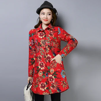 

2019 Autumn Winter Women New jacket Large size Long sleeve Printed Single-breasted Cotton Coat M-3XL cc893