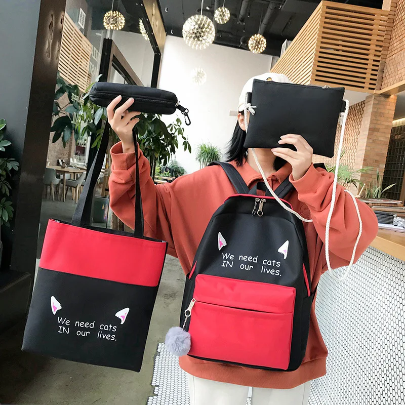

Special Cat Ear Four-piece Set Backpack Harajuku-Style Campus Women's School Bag Versatile Canvas Backpack