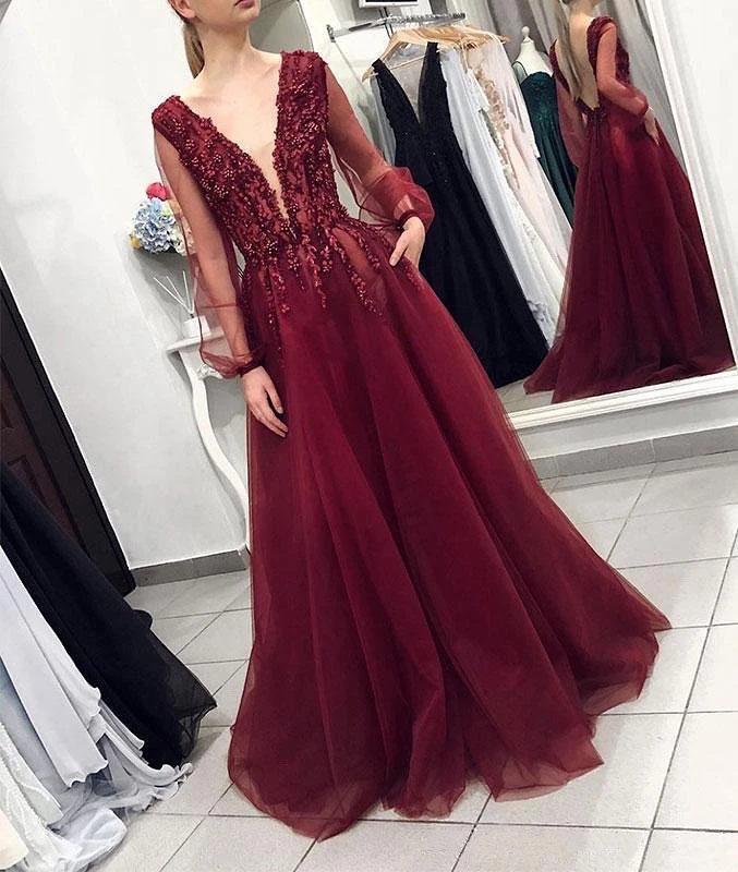 Borgoña línea Celebrity vestido 2021 perla brillante perla Floral cuello profundo en V manga larga rojo alfombra Formal de fiesta de promoción vestido|Vestidos inspirados celebridades| - AliExpress