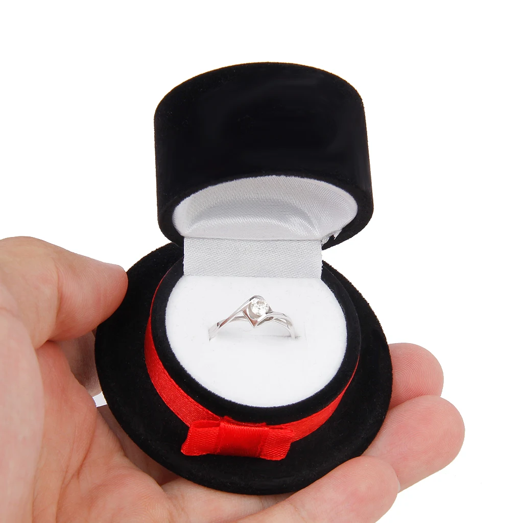 Velvet Black Hat Design Wedding Band Ring Storage Box Jewelry Display Case