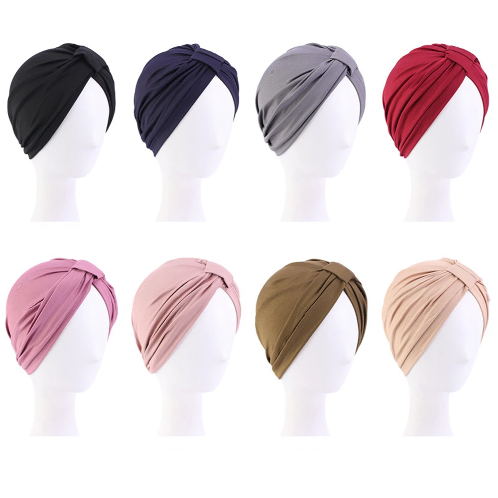 

2020 Women Muslim Headscarf Hat Solid Modal Bonnet Turban Caps Thin Summer Elastic Head Wrap Indian Hats Inner Bonnet For Lady