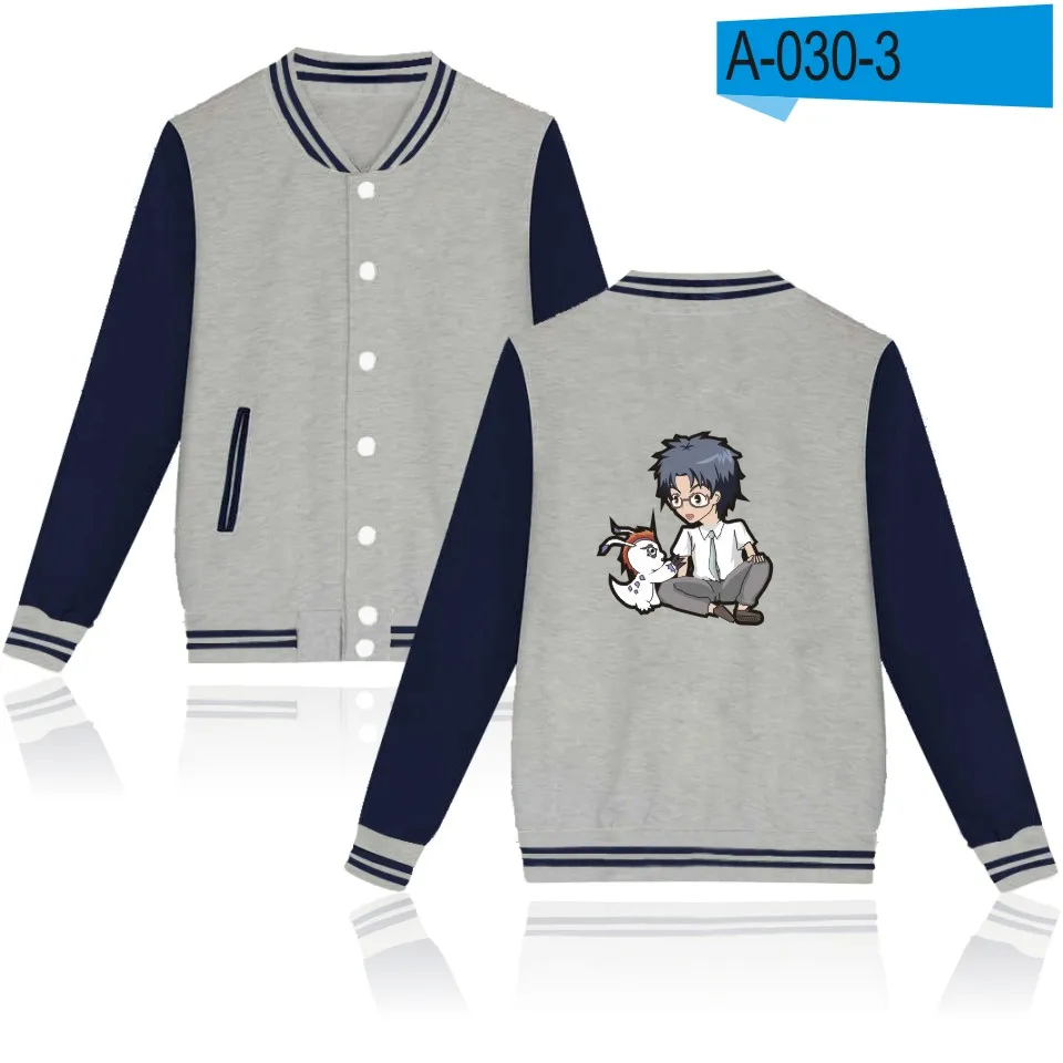 gray and navy blue Топы Digimon Adventure, бейсбольная куртка, монолитные толстовки, мужские хип-хоп толстовки Gabumon аниме, мужская толстовка с капюшоном, модная зимняя куртка - Цвет: gray and navy blue