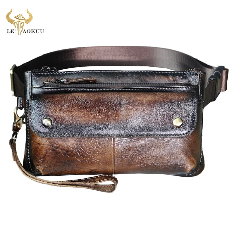 

Hot Sale Quality Leather men Casual Vintage Travel Fanny Waist Belt Bag Chest Sling Bag Design Bum 7" Phone Case Pouch Male 8136