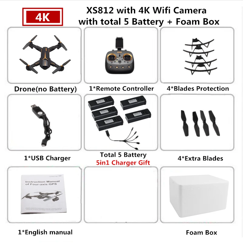 4K 5B Foam Box VISUO XS812 Радиоуправляемый gps Дрон с камерой 4K HD 5G wifi удержание высоты Радиоуправляемый Дрон gps Квадрокоптер Радиоуправляемый вертолет VS SG900-S SJRC Z5 Дрон - Цвет: 4K 5B Foam Box