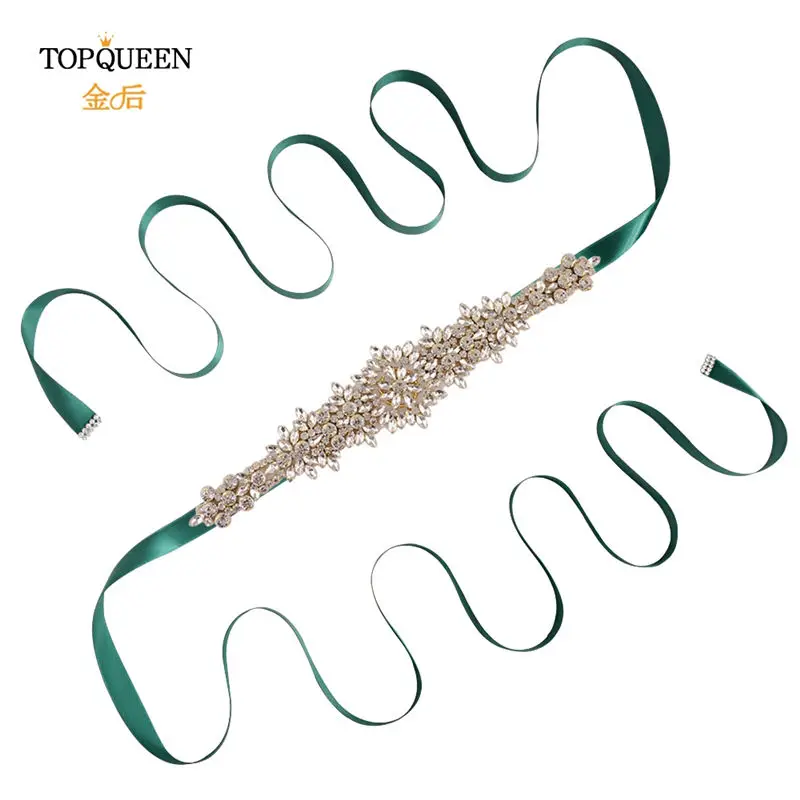 green TOPQUEEN S319-G золотой свадебный пояс со стразами с аппликацией свадебное пояс бисерный свадебный пояс Стразы пояс для свадебного платья Золотой - Цвет: green
