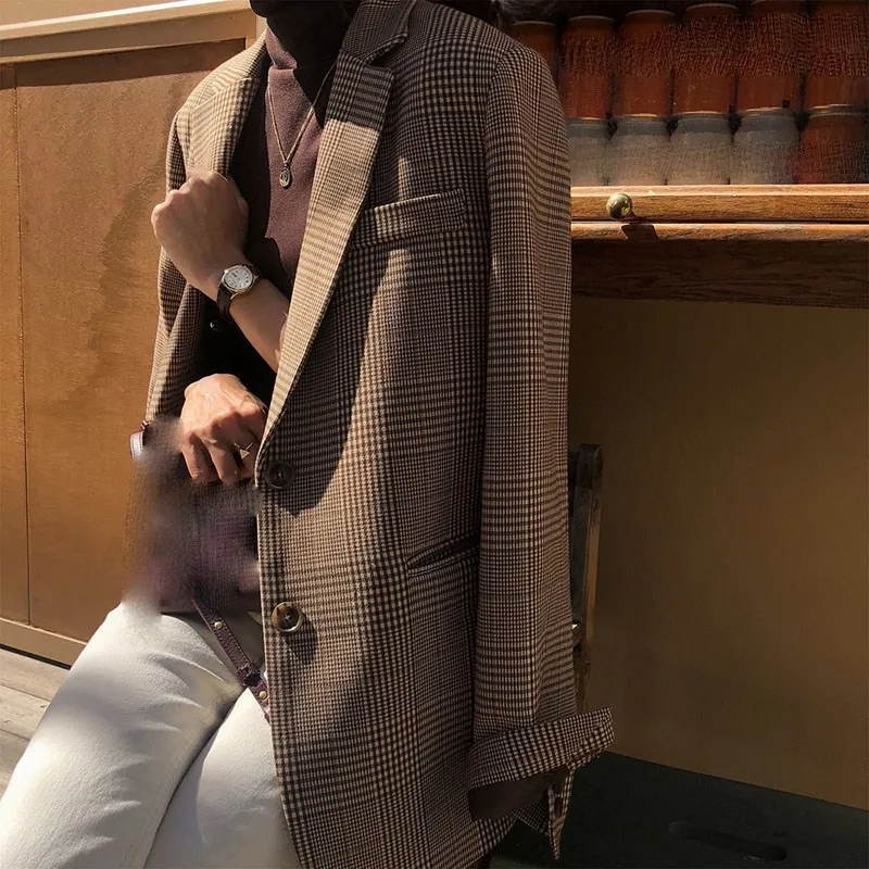 2019 осенний винтажный Корейский пиджак в сеточку с длинными рукавами Свободное пальто для отдыха с одинарной вязки блейзер с вырезом и