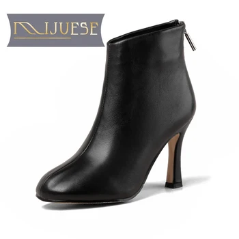 

MLJUESE 2021 women soft ankle boots Sheepskin zippers boots winter short plush round toe high heels women boots