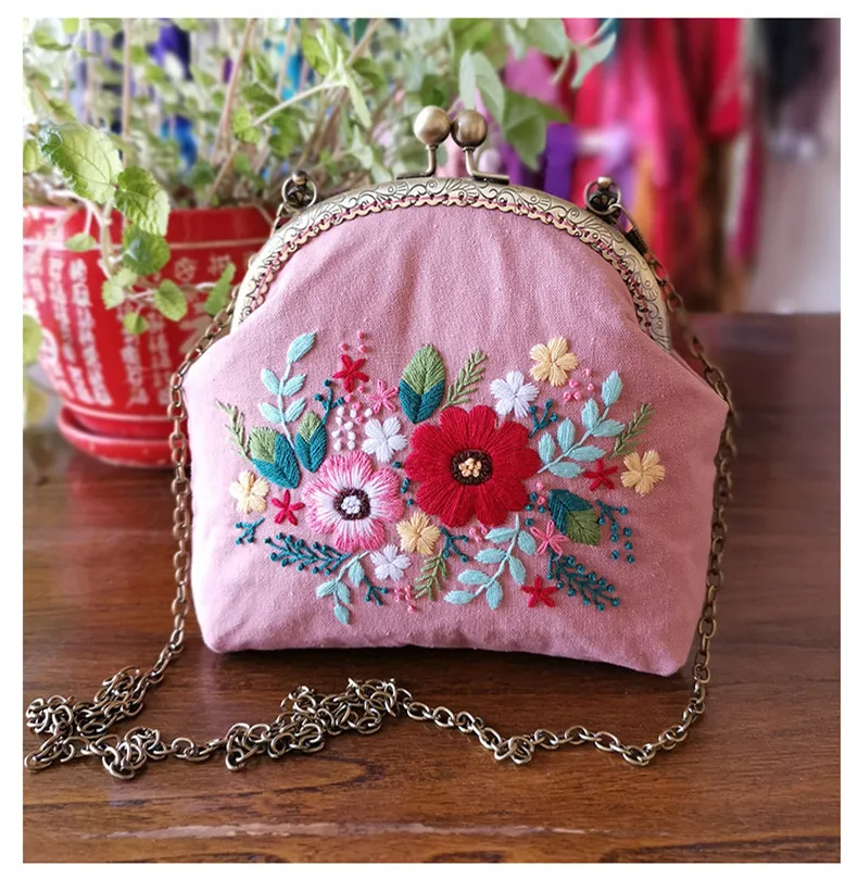 16.5cm DIY Handcraft Needle Arts Portable Bag Messenger Bag 3D Embroidery Flowers Cross Stitch Kit