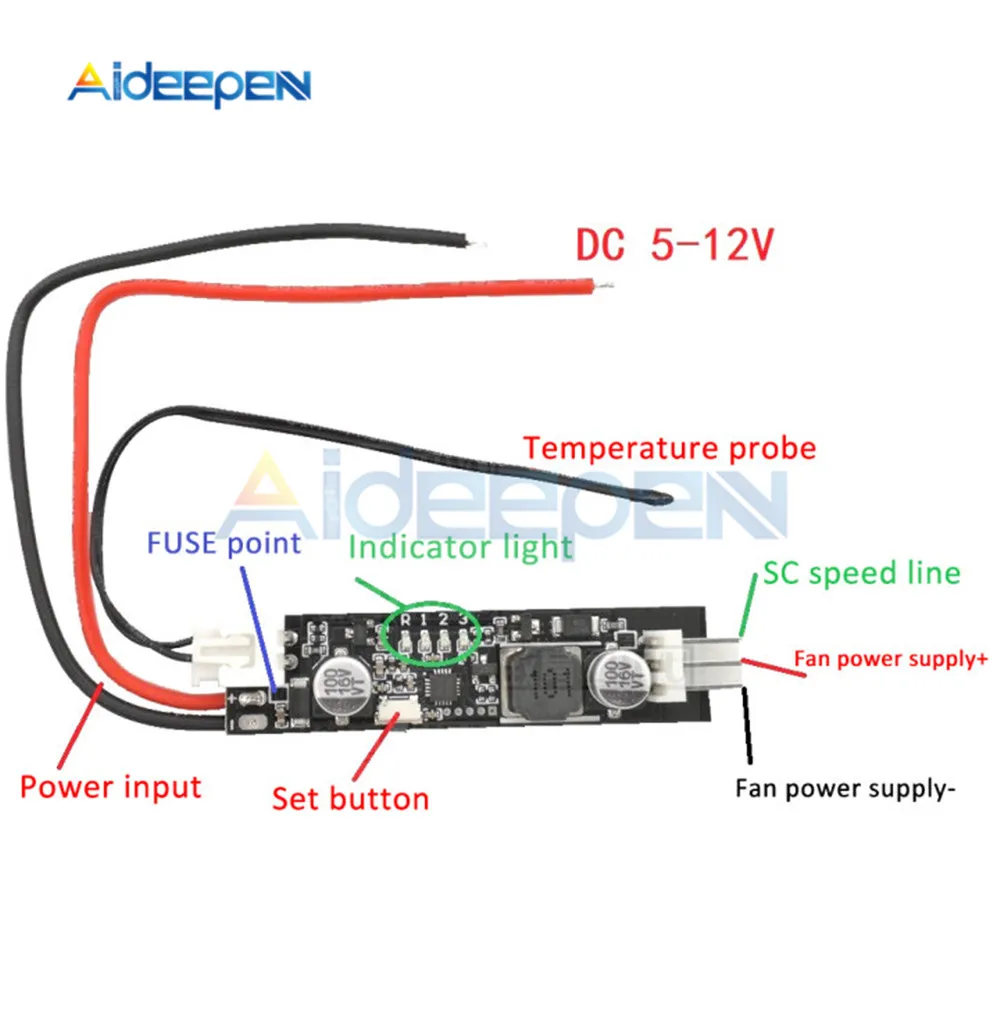 2-3 Wire DC 5V 12V PWM Fan Speed Controller NTC 50K Temperature Probe 40cm