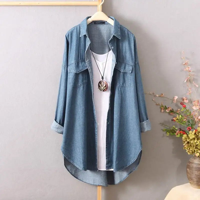 Dark Blue Джинсовые топы Женская блузка ZANZEA модная джинсовая синяя рубашка с длинным рукавом Нерегулярные блузы женские лацканы Кнопка Туника негабаритных - Цвет: Dark Blue