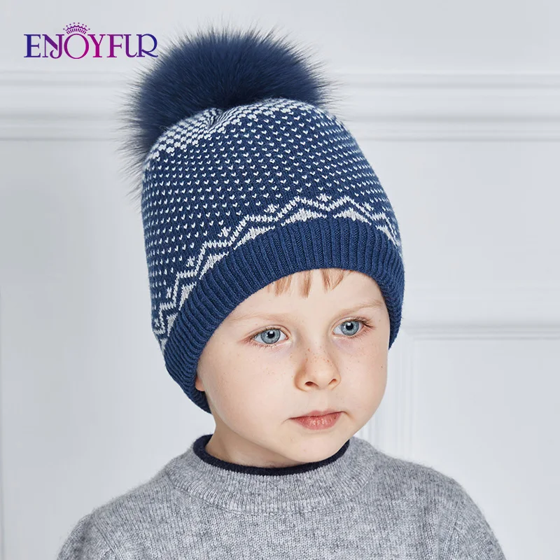 Enjoyfur Geometric Cotton Caps Winter Baby Hats Warm Thick Knitted Ears