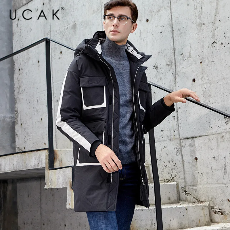 UCAK/брендовая белая куртка-пуховик для мужчин; зимнее теплое длинное пальто; модное стильное пальто с большими карманами и капюшоном; мужская одежда; U8016
