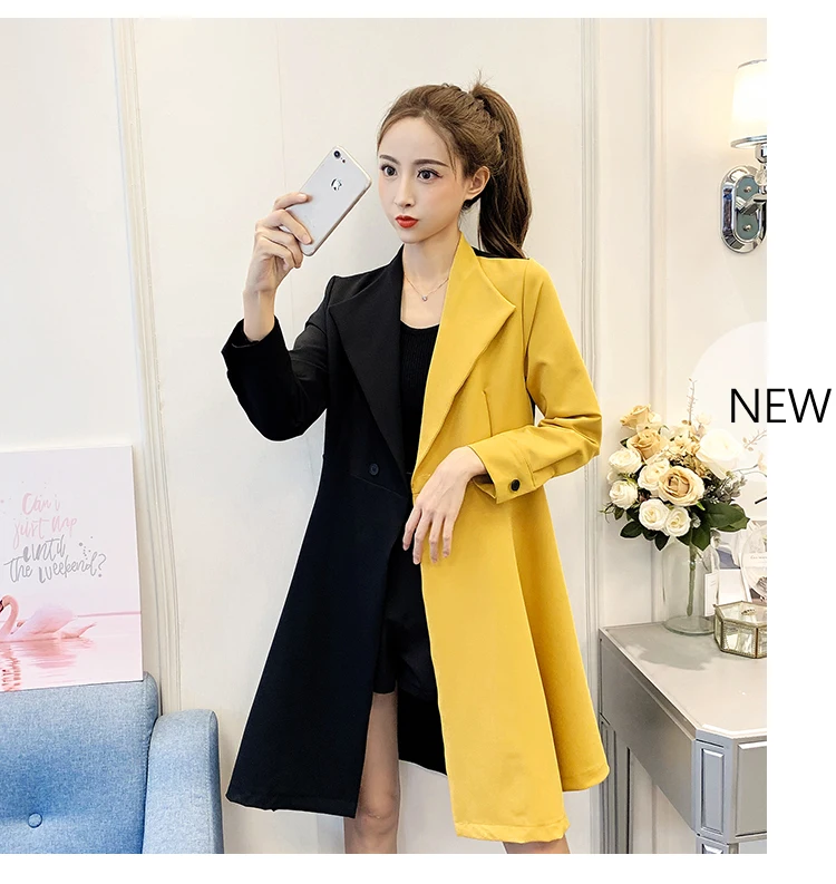 Фотосессия осень стиль корейско-Стиль Slim Fit Совместное контраст Цвет средней длины, женские сапоги выше колена; пальто с поясом Для женщин