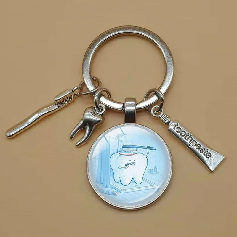 Стоматологическая кабошон стеклянная цепочка для ключей с подвесками на изображение инструментов зубного Врача брелок стоматологический помощник подарок стоматологический уход брелок