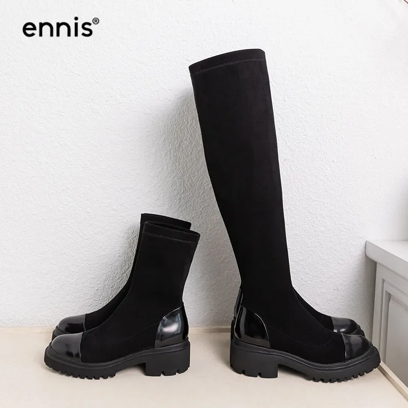 ENNIS/брендовые эластичные ботинки из ткани женские черные ботинки на платформе ботинки на плоской подошве с круглым носком дизайнерская Осенняя обувь из лакированной кожи новинка, A9222