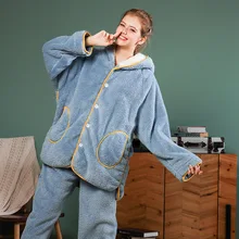 IZICFLY стиль зимний толстый синий пижамный комплект полная Ночная рубашка Пижама женская теплая Домашняя одежда с капюшоном комплект одежды для сна с брюками