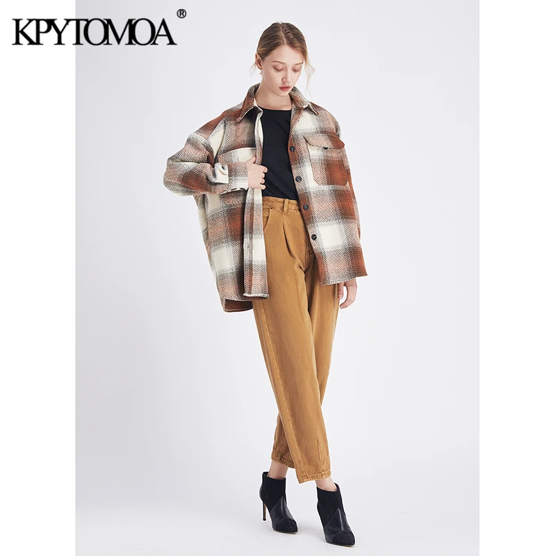 price cut Vintage Stylish Pockets Oversized Plaid Jacket Coat Women 2020 Fashion Lapel Collar Long Sleeve Loo