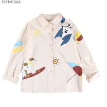 Women's Korean fun cartoon cat Print Turn-down Collarlong sleeve shirt  2020 Femme Casual Loose Shirts Blusas Girls YUPINCIAGA