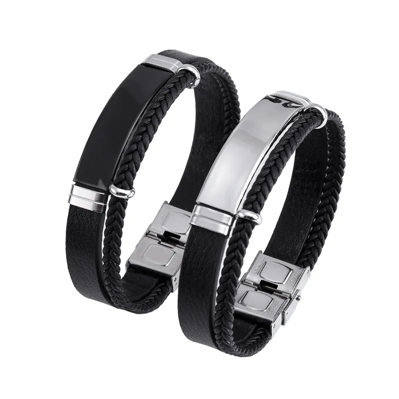 Leather Bracelet Blank For Engrave Stainless Steel Plate To Engrave Layer Leather Bracelet Bangles For Men Wholesale 10pcs 5