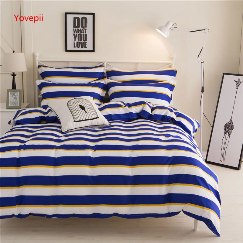

Summer Navyblue bedding set striped bed linens 3/ 4pcs flat sheet Snowflake bedclothes home textile blue duvet cover pillowcase