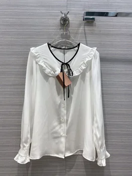 

Luxury Brand Shirt Blouse 2020 Early Autumn Women's Clothing New Sweet Girly Style Wild Lotus Leaf Lace 100% Silk Shirt Blouses