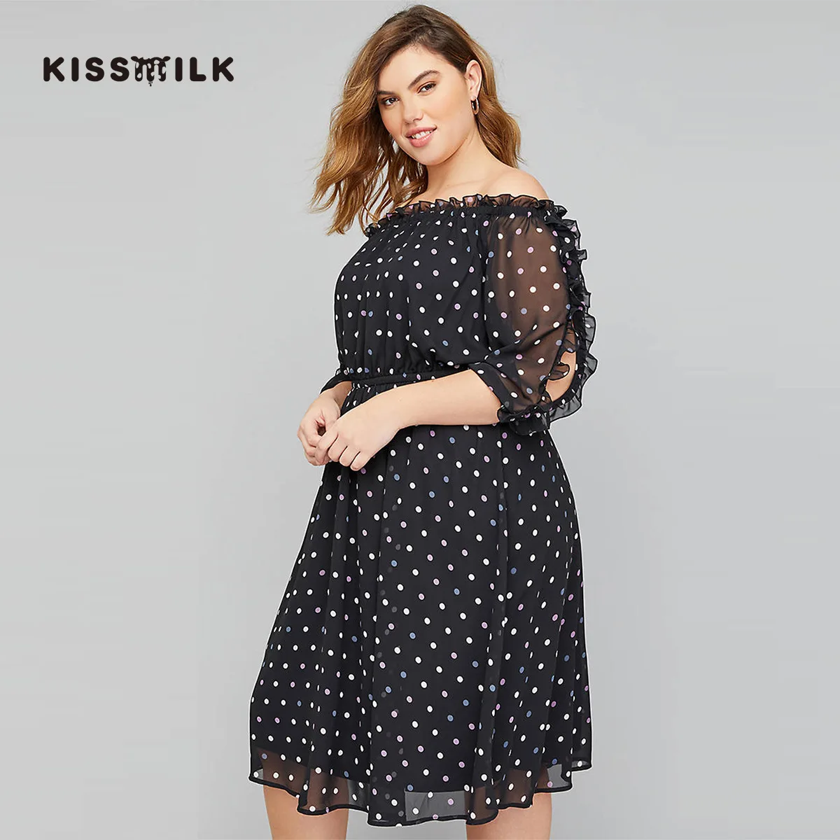 

Europe And America Large Size kisilk-off-Shoulder Sweet Frilled Polka Dot Micro Transparent Waist Hugging Midi-skirt Fat Mm