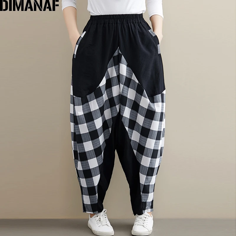 

DIMANAF Plus Size Women Pants Cotton Autumn Winter Spliced Plaid Black Loose Big Size Trousers Pantalones Female Long Pants 2019