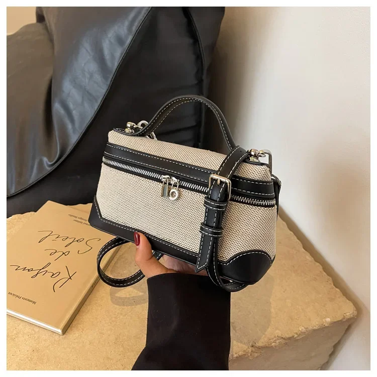 retro canvas handbag for women,women’s summer crossbody bag,contrast color casual handbag,small square canvas shoulder bag,casual women’s sling bag,retro fashion canvas purse,lightweight canvas handbag