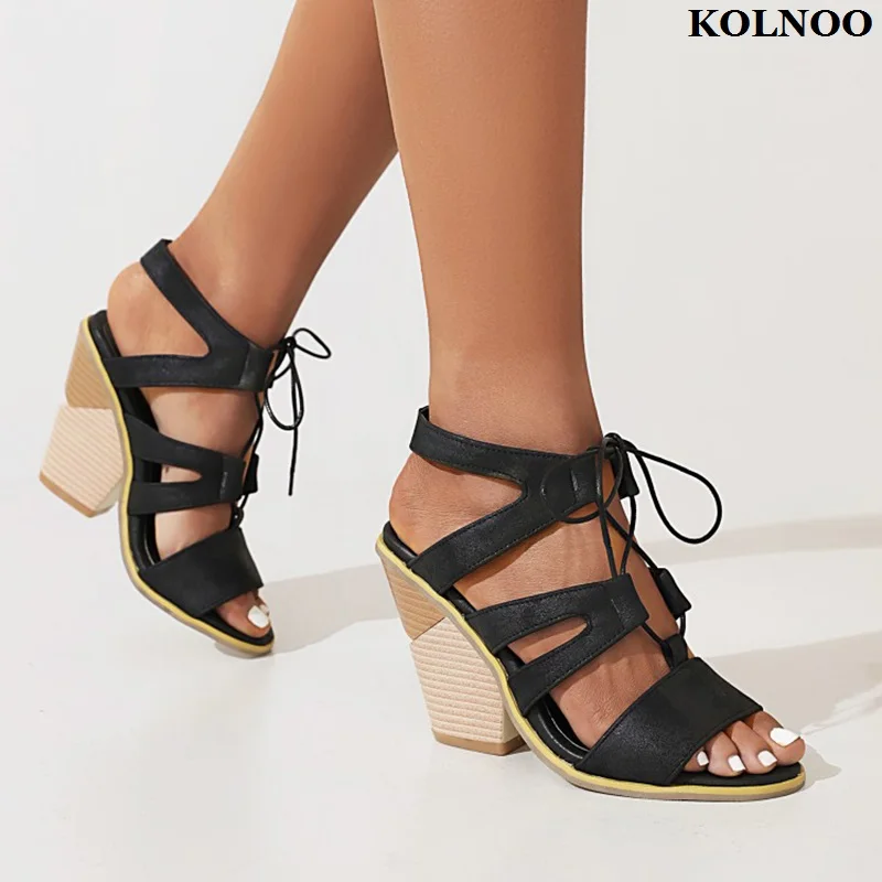 

Kolnoo New Handmade Classic Style Womens Thick Heel Sandals Crisscross Shoelace Open-toe Summer Shoes Evening Fashion Sexy Shoes