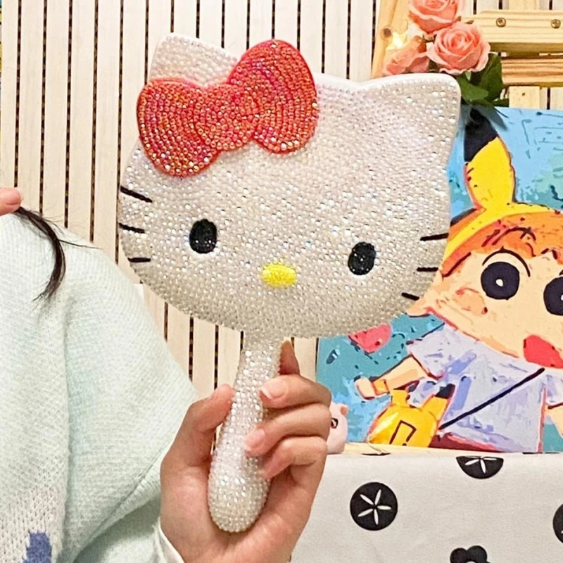 

Зеркало для туалетного столика Sanrio Hello Kitty с мультяшными блестящими стразами, ручное зеркало для красоты, розовое зеркало с бриллиантами для девушек, подарок на день рождения