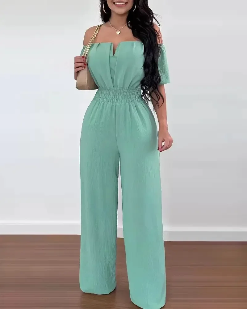 Summer Fashion Printed Wide Leg Jumpsuit Women Sexy Beach Style Off-shoulder High Waist Jumpsuit
