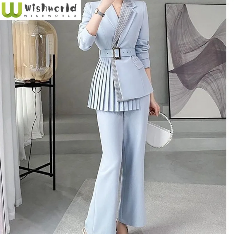 Summer Slim Irregular Pleated Suit Set Elegant Women's Office Work Uniform Party Club Dress Pants Set Blazer Jacket Set