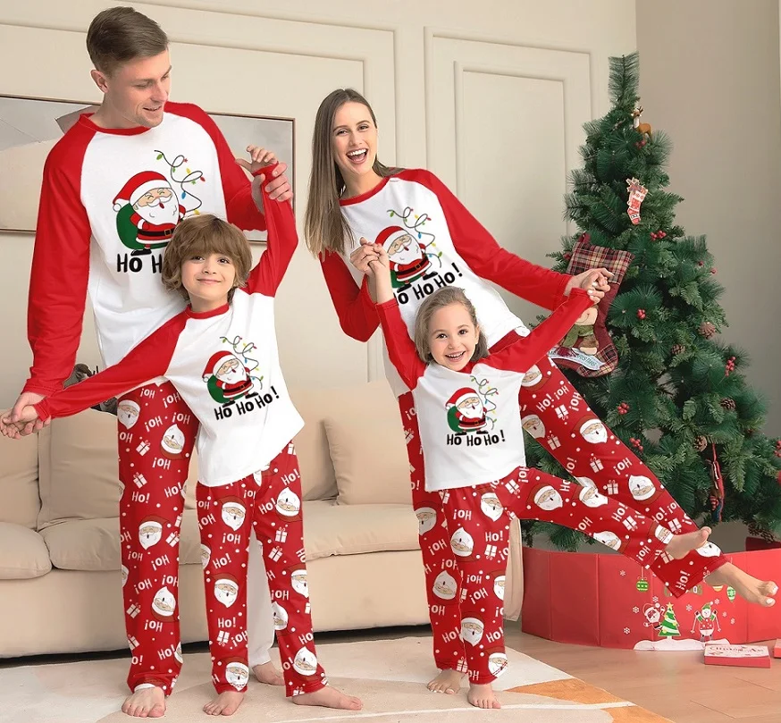 thumbnail image 1 of Conjunto de pijamas familiares a juego de Navidad con estampado de Papá Noel HO HO HO para adultos, niños y bebés, pijamas familiares navideños 2025, 1 of 3