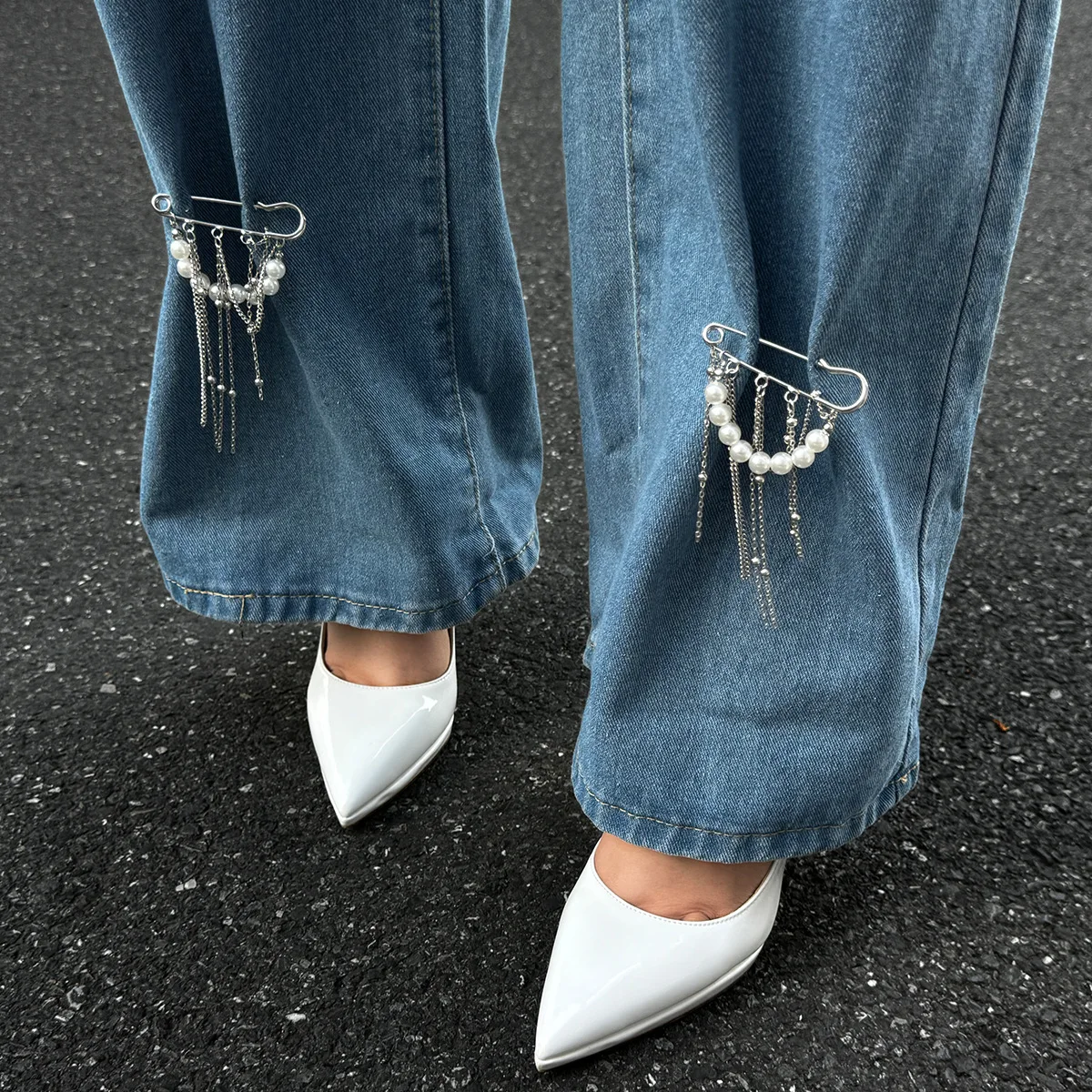 Retro Sweet Imitation Pearl Metal Chain Tassel Pendant Pin Pants Foot Chain