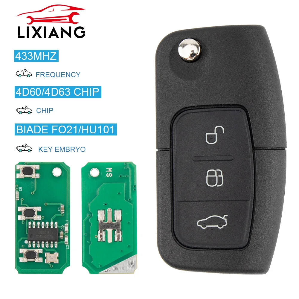 LIXIANG 315/433MHz 4D63 4D60 รถรีโมทกุญแจสําหรับ Ford FUSION Focus Mondeo Fiesta Galaxy HU101 FO21 ใบมีดรถพลิกคีย์