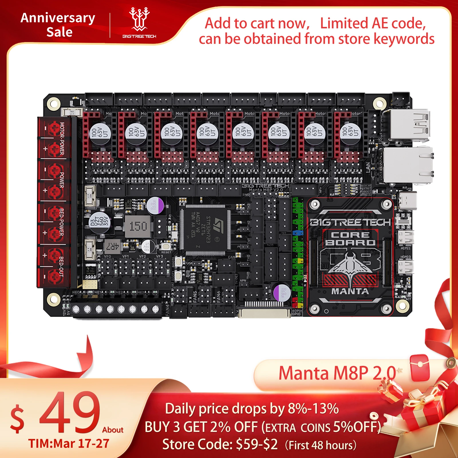 

BIGTREETECH Manta M8P V2.0 Motherboard STM32H723ZE 32bit for Klipper Raspberry Pi For Voron V0 Ender 3 3D Printer Control Board