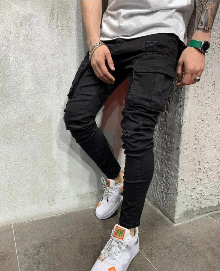 Pantalones vaqueros de trabajo de mezclilla de alta calidad para hombre, con múltiples bolsillos y agujeros, elásticos y pernera estrecha._voghion.com