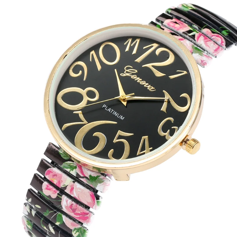 

Fashion Women Quartz Watch Large Arabic Number Dial Ladies Wristwatch Unique Elastic Printing Strap Girls Watches Reloj Mujer
