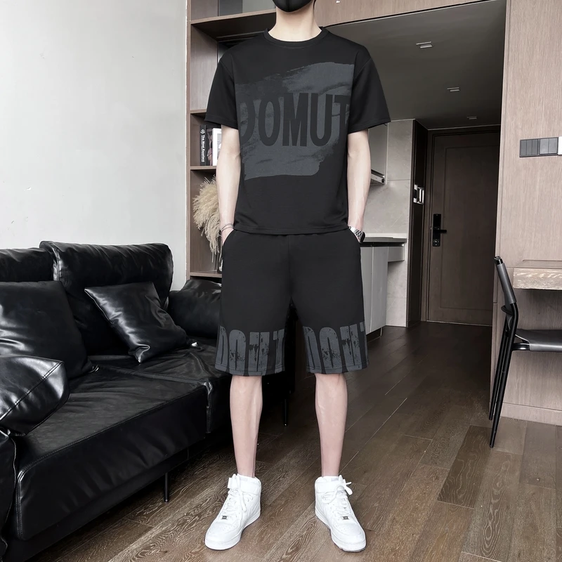 남성용 레터 프린팅 풀오버 반팔 라운드넥 티셔츠, 하이웨이스트 포켓 반바지, 영국 스타일 세트, 여름 의류
