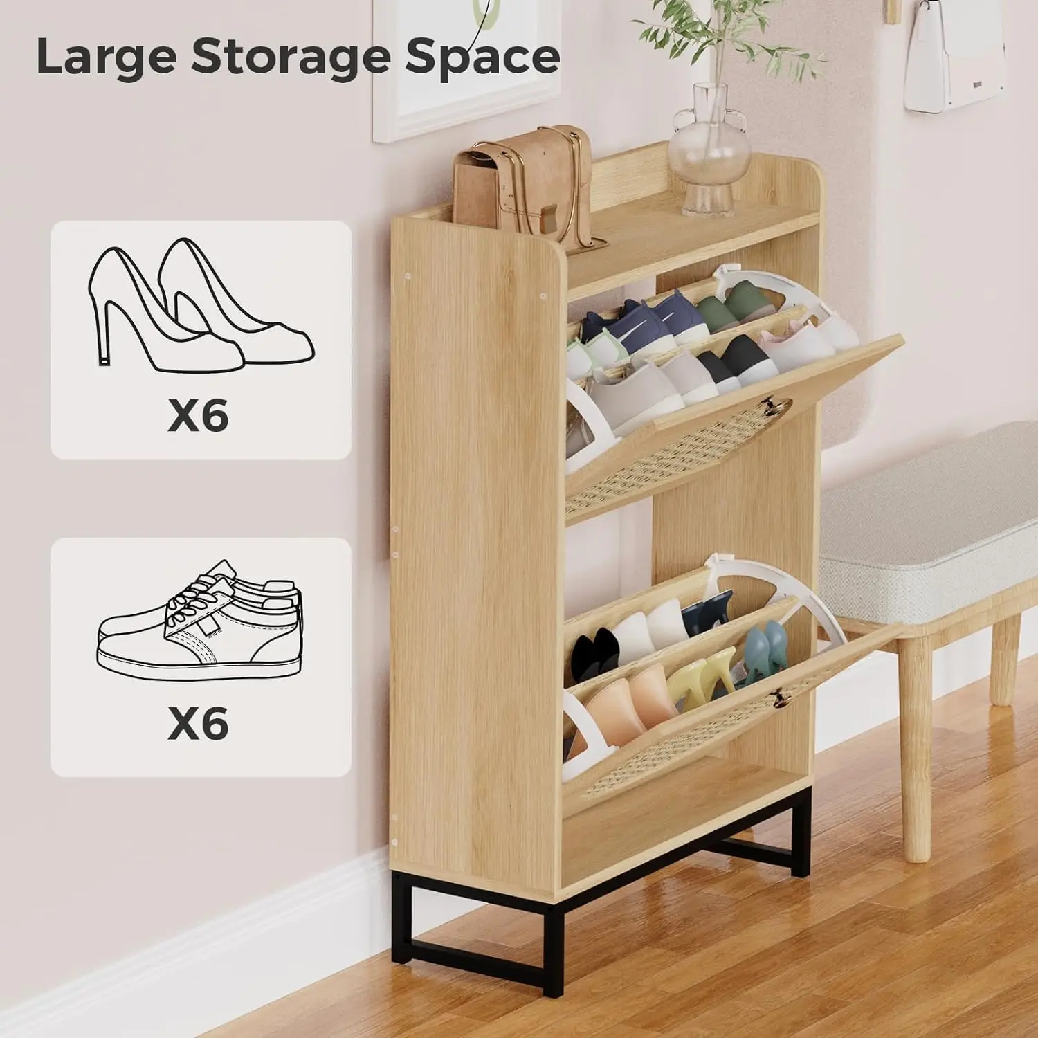Kfo Shoe Cabinet With 2 Handmade Natural Rattan Flip Drawers, Entryway Shoe Rack Storage Organizer For Sneakers, Leather Shoes, 4